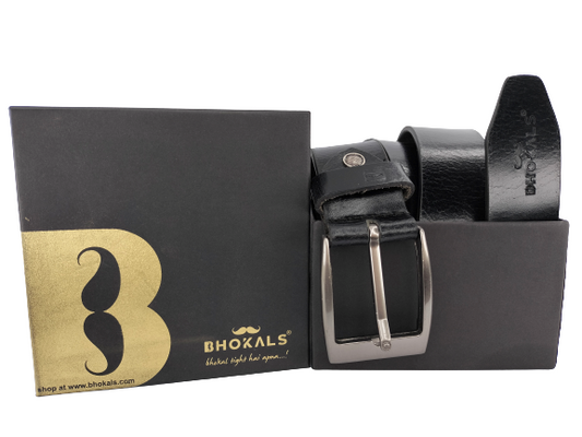 Bhokals Men Black Crunch Leather Belt