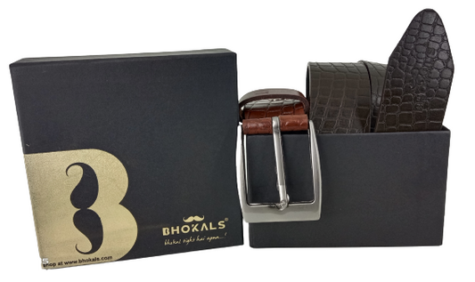 Bhokals Men Brown Crocs Texture  Casual Leather Belt