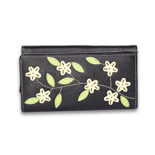 Leather Black Cream Flower Women Wallet