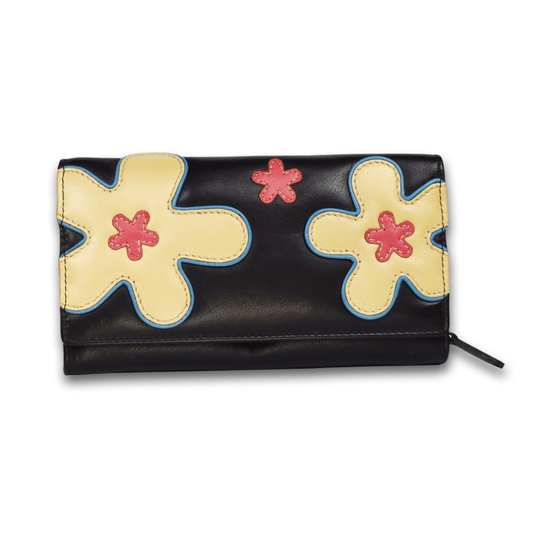 Leather Solid Black Big Flower Women Wallet