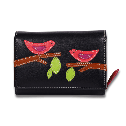 Leather Solid Black Red Bird Women Wallet