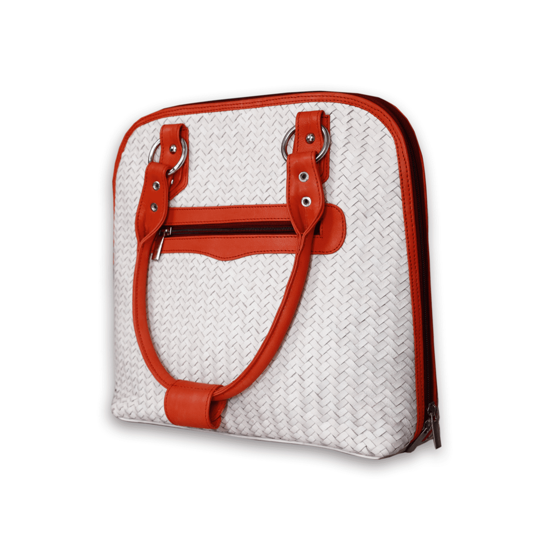 Leather White Red Strip Weave Women Hand Bag