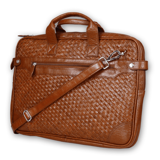 Bhokals Leather Tan Weave Laptop Bag