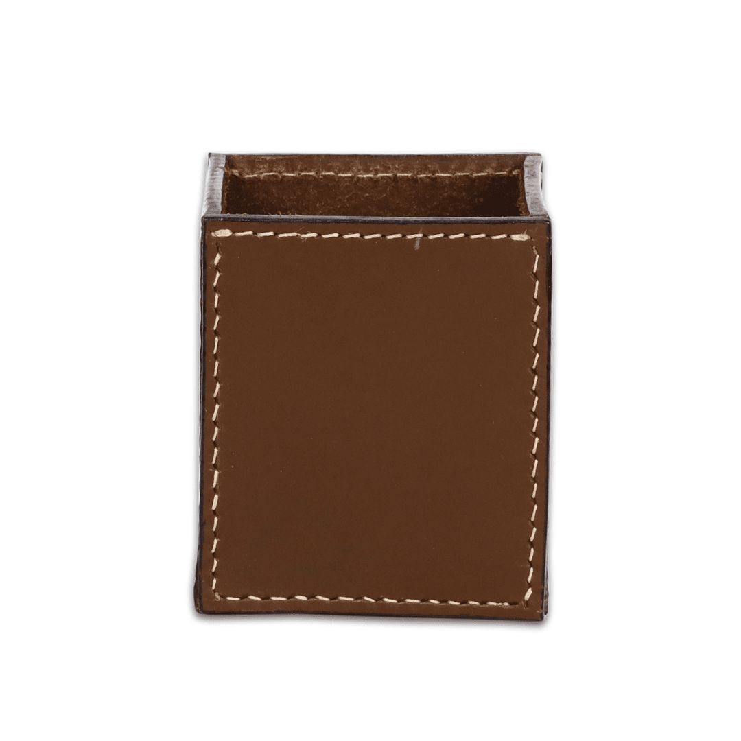 Leather Solid Brown Square Pen Holder