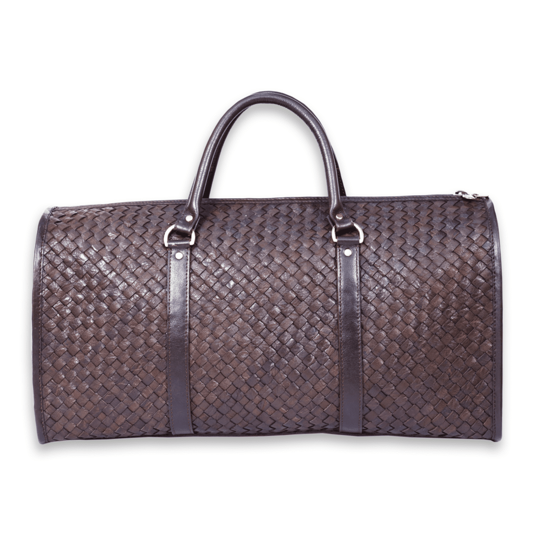 Leather Solid Brown Weave Duffle Bag