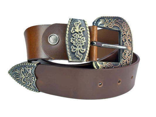 Bhokals Maharaja Men  Golden Buckle Brown Leather Belt