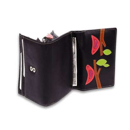 Leather Solid Black Red Bird Women Wallet