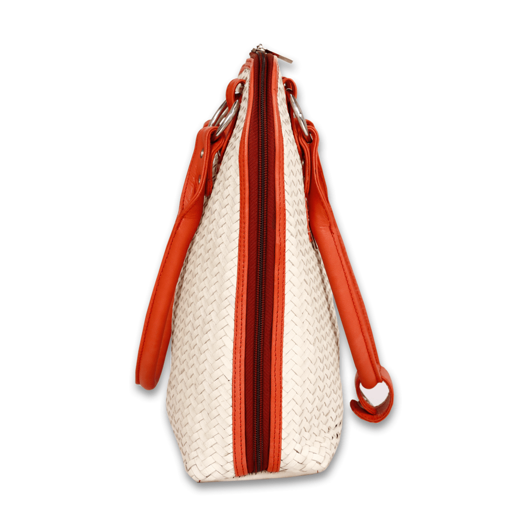 Leather White Red Strip Weave Women Hand Bag
