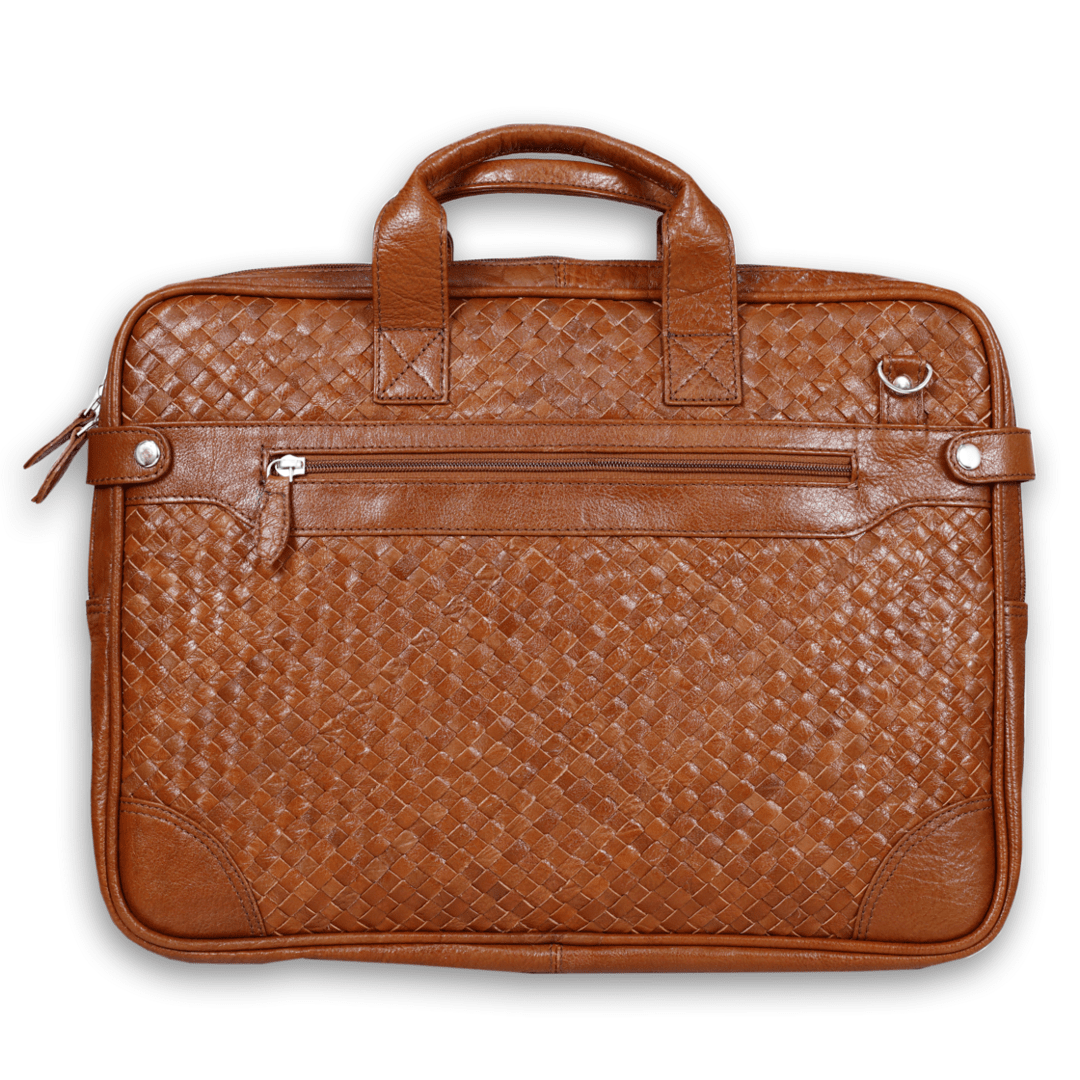 Bhokals Leather Tan Weave Laptop Bag