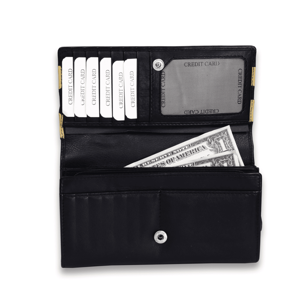 Leather Solid Black Big Flower Women Wallet