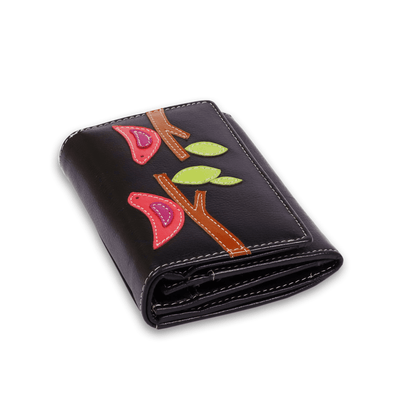 Leather Solid Black Red Bird Women Wallet