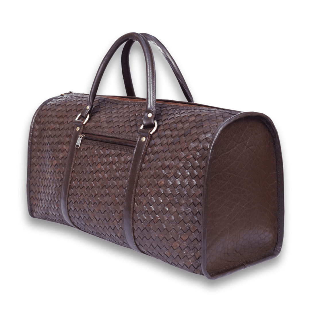 Leather Solid Brown Weave Duffle Bag